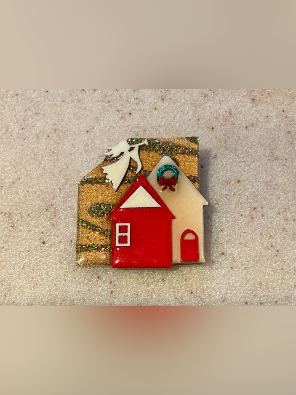 Holiday House Brooch in Red, Cream and Gold